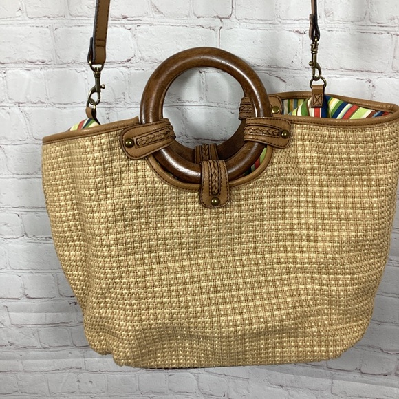 Fossil 1954 Classic Woven Purse Wooden Handles Detachable Straps Beige Brown - Picture 2 of 16